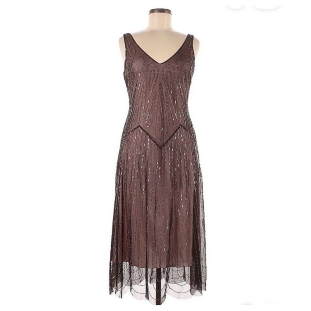 BCBGMaxAzria Brown Beaded V-Neck Maxi Dress